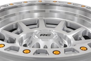 Wheel - Rough Country - 85 Series, Simulated Beadlock, Full Machined Finish, 17x9, 8x6.5 bolt pattern, 0mm offset, One-piece Aluminum with gold hardware and machined RC center cap - Full Machined